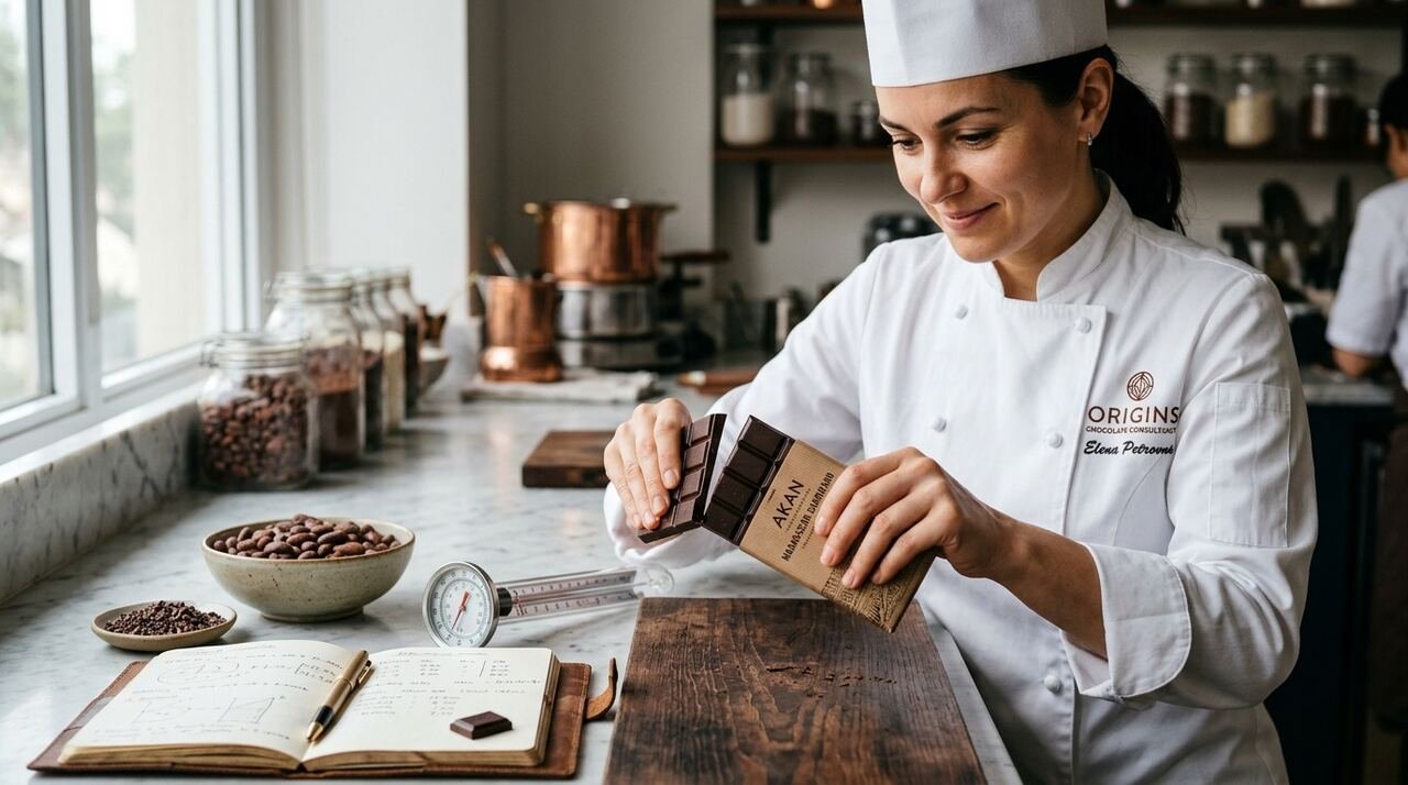 Chocolatero consultor partiendo una tableta de chocolate negro de origen único mostrando un quiebre limpio y brillante, junto a granos y nibs de cacao, termómetro de temperado y cuaderno de fórmulas
