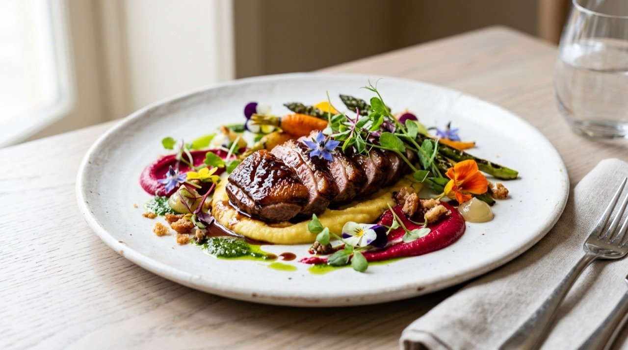 Plato de autor de cocina creativa con purés de verduras, microvegetales y flores comestibles