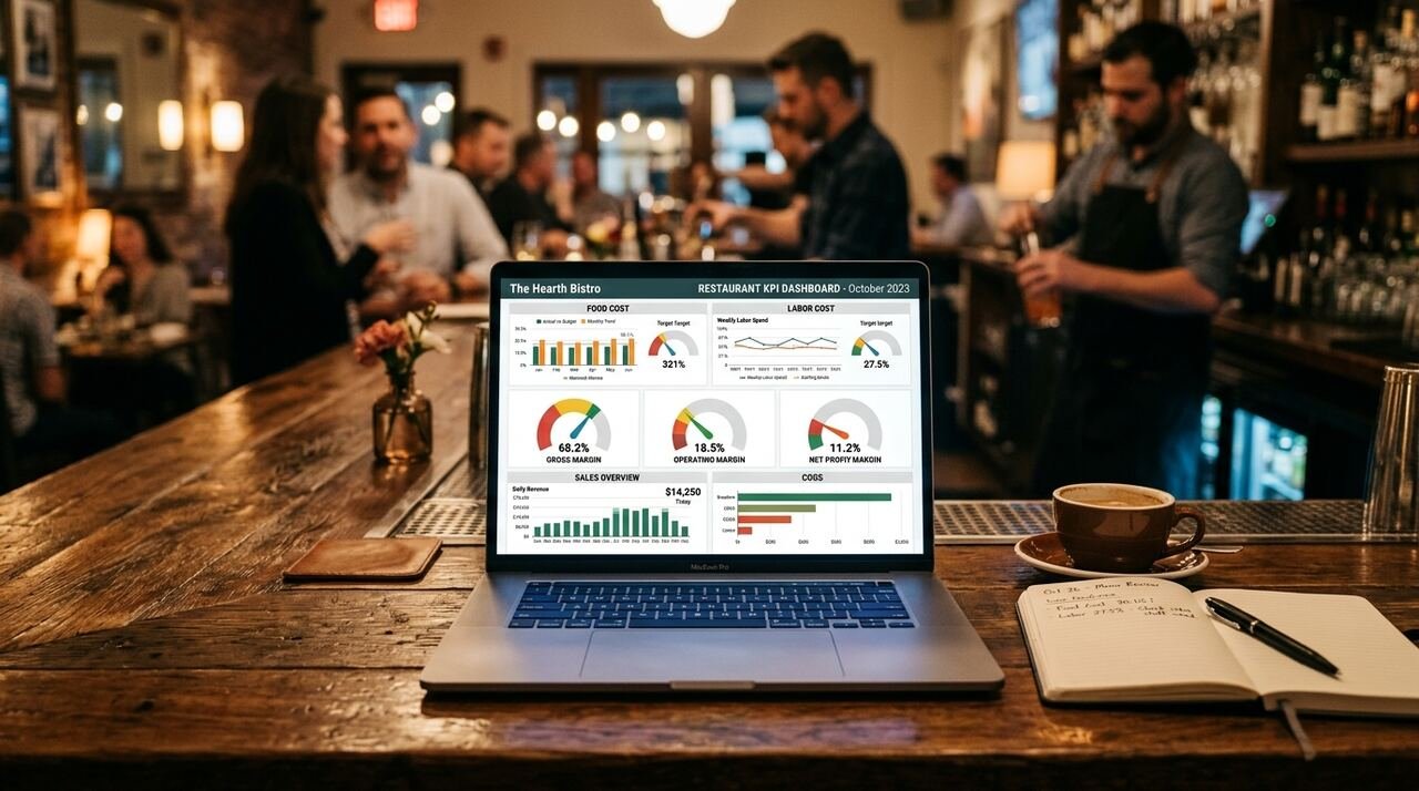 Portátil mostrando un dashboard de KPIs de restaurante con gráficos de food cost, labor cost y margen, sobre la barra de un local