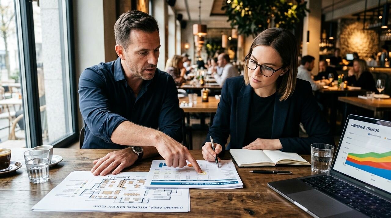 Reunión de consultoría gastronómica con documentos de P&L, plano del restaurante y gráficos sobre la mesa