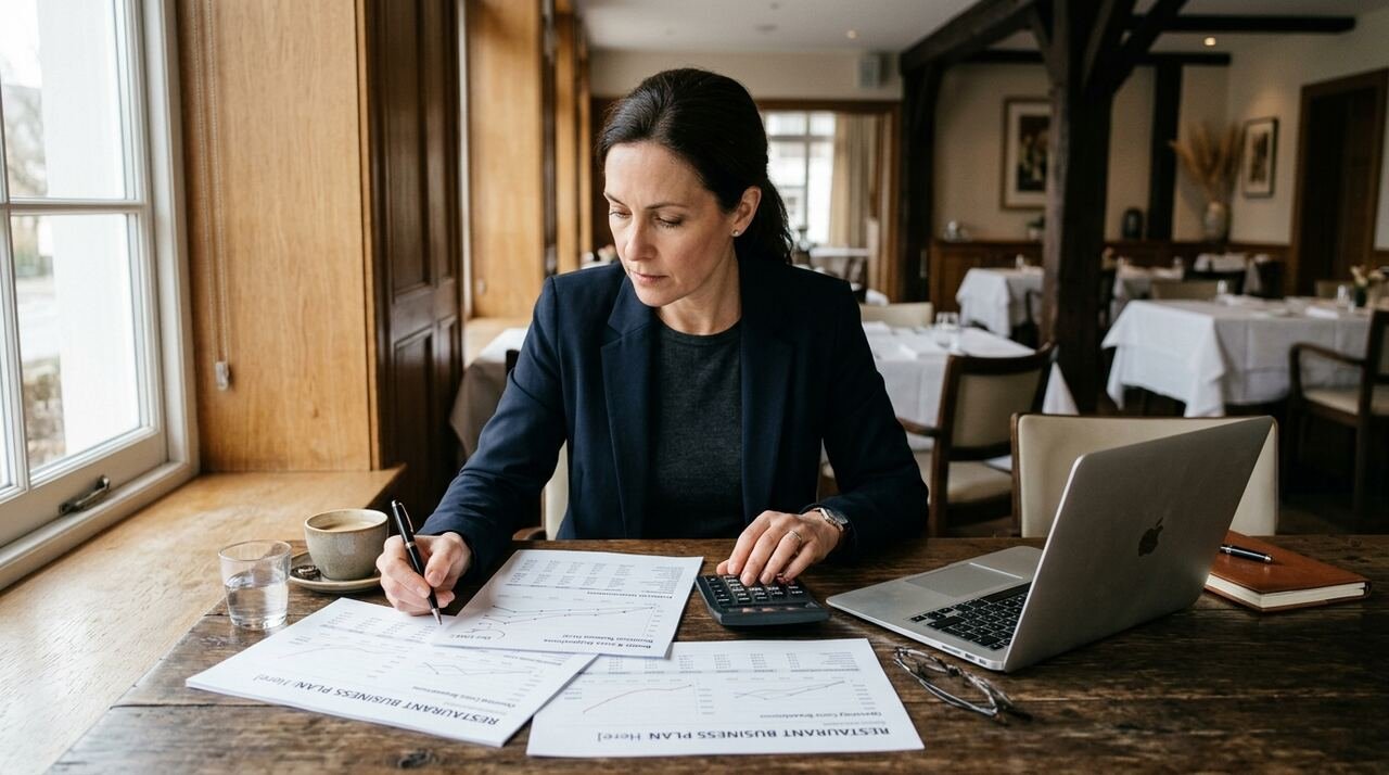 Consultor gastronómico revisando un plan de negocio con gráficos de proyecciones financieras, calculadora y portátil sobre una mesa en un restaurante elegante