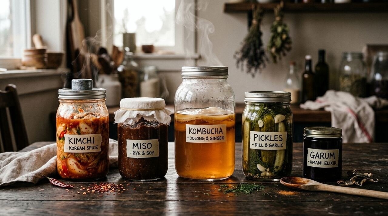 Conjunto de tarros de fermentación creativa (kimchi, miso, kombucha, encurtidos, garum) sobre mesa rústica oscura