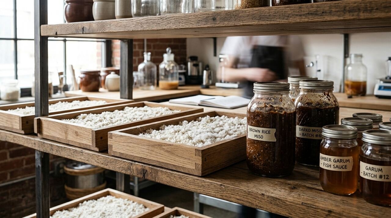 Bandejas de arroz inoculado con koji y tarros de miso y garum madurando en un laboratorio de fermentación profesional