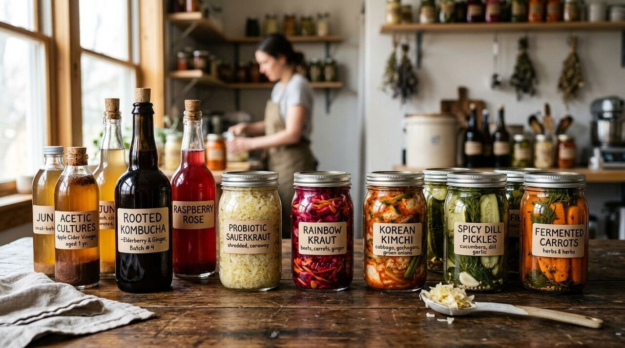 Botellas de kombucha y vinagres artesanales junto a tarros de encurtidos y fermentos vegetales de colores en un obrador