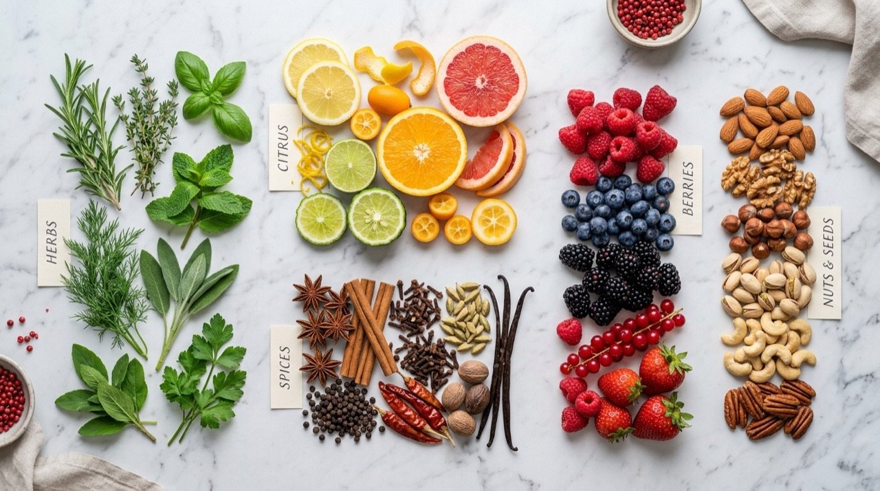 Ingredientes agrupados por familias aromáticas como un mapa de sabores