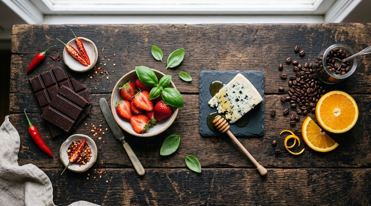 Flat-lay de maridajes creativos: chocolate y chili, fresa y albahaca, queso azul y miel, café y cítrico