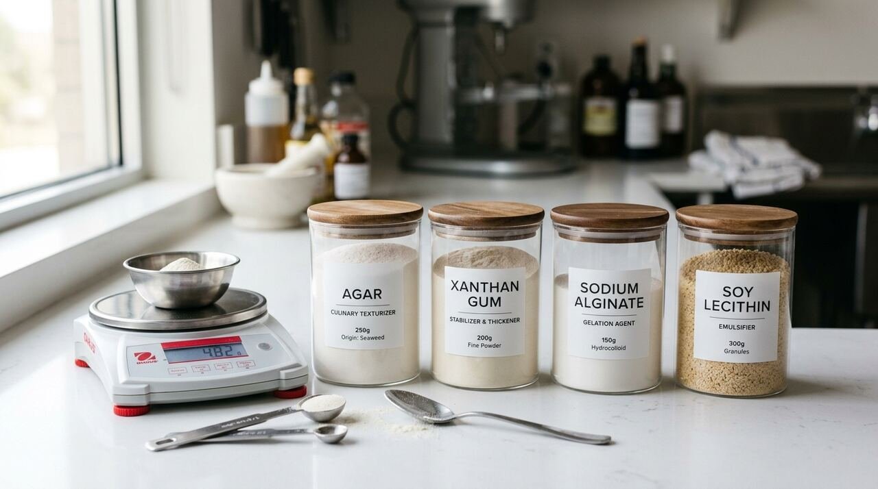 Tarros etiquetados con texturizantes e hidrocoloides en polvo (agar, goma xantana, alginato) junto a una balanza de precisión en un laboratorio culinario