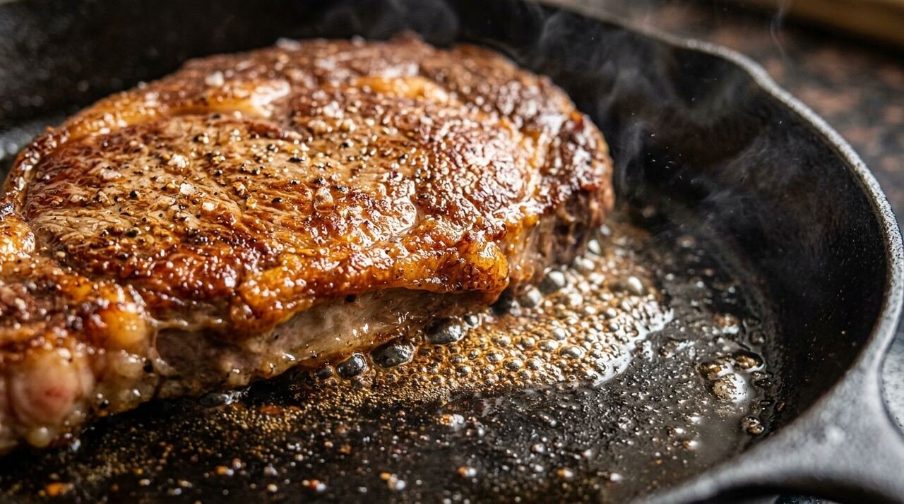 Primer plano macro de un alimento dorándose en una sartén mostrando la reacción de Maillard, con detalle de la corteza caramelizada