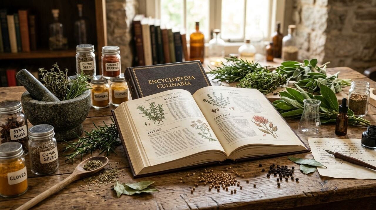 Enciclopedia culinaria abierta rodeada de especias, hierbas, mortero e instrumentos junto a tarros de ingredientes