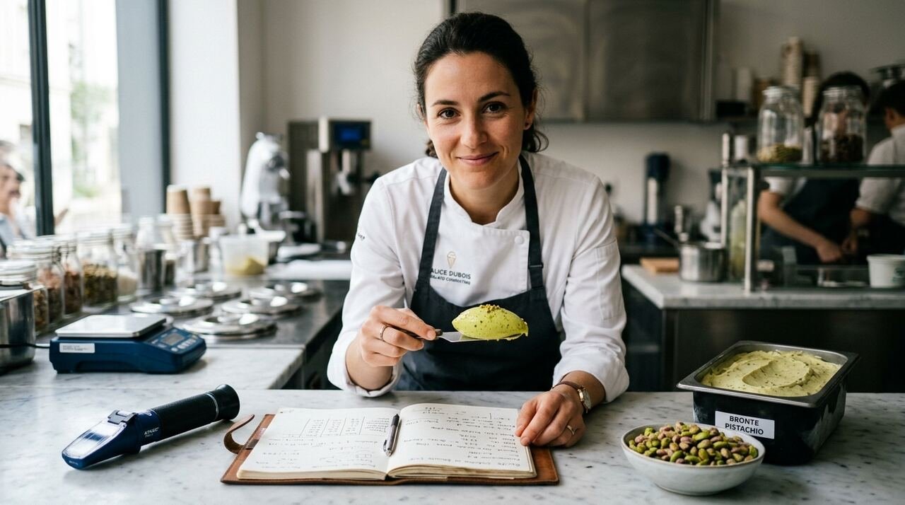 Heladero consultor con una quenelle de gelato de pistacho, refractómetro y cuaderno de fórmulas con notas de PAC y POD