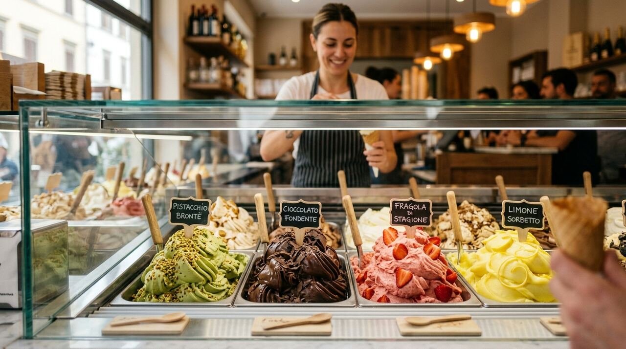 Vitrina de gelato artesanal con cubetas de sabores de colores y carteles, en una heladería de autor