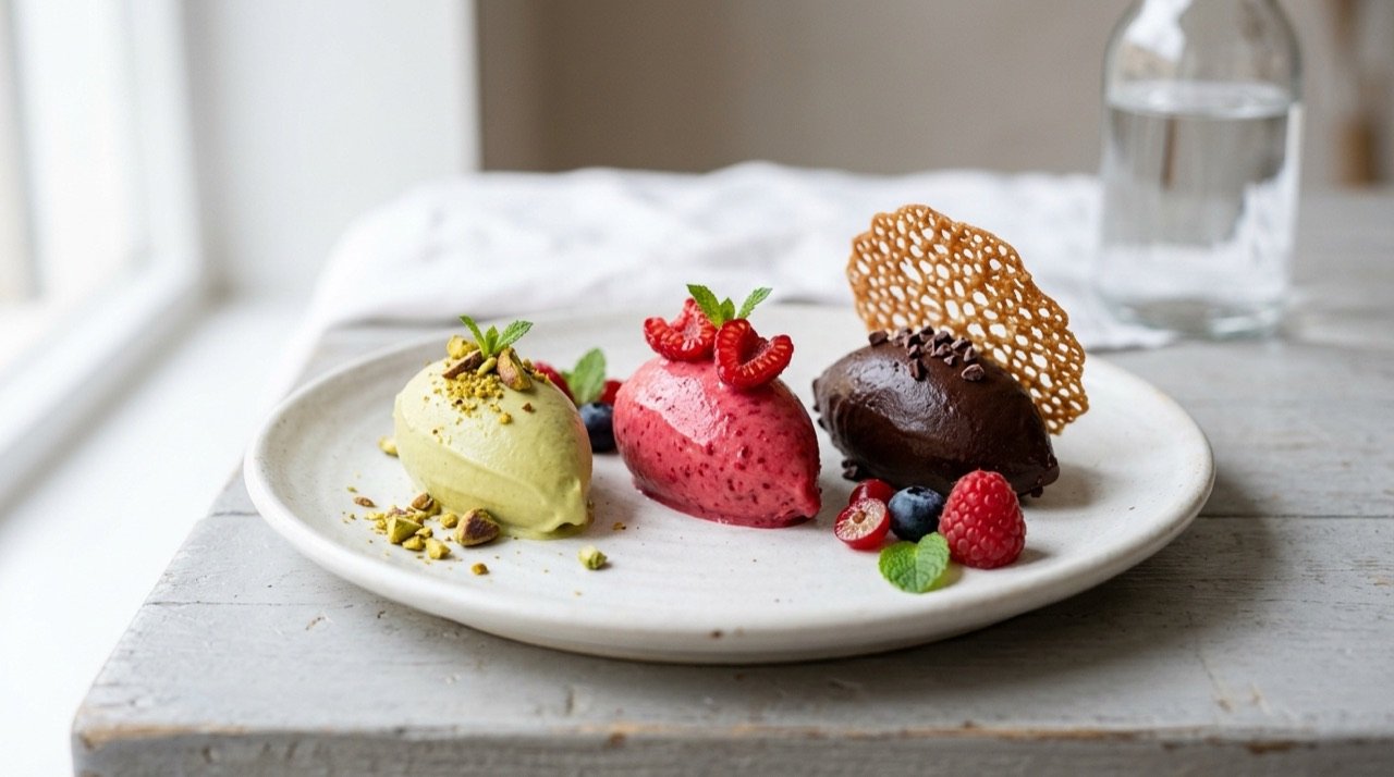 Trío de quenelles de gelato artesanal de pistacho, frambuesa y chocolate con tuile y frutos rojos