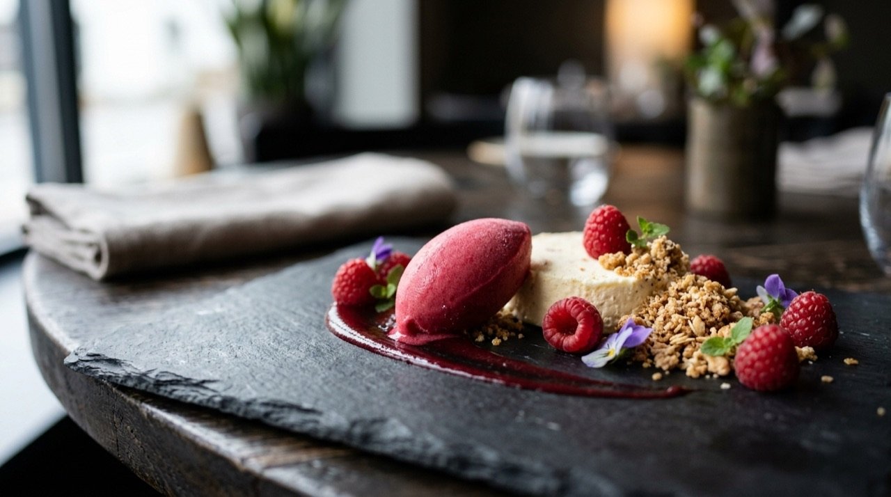 Postre helado de restaurante emplatado con quenelle de sorbete, frutos rojos y crujiente sobre pizarra