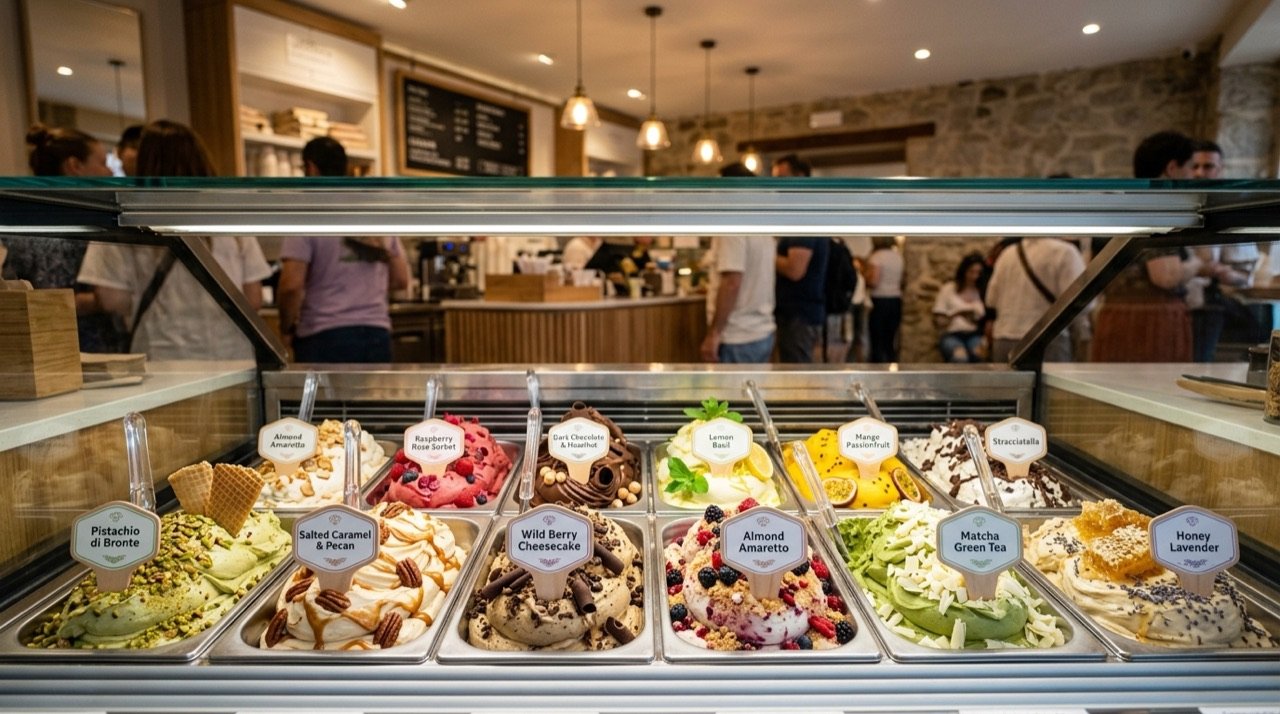 Vitrina de gelato artesanal con sabores creativos de colores y decoraciones en una gelatería moderna