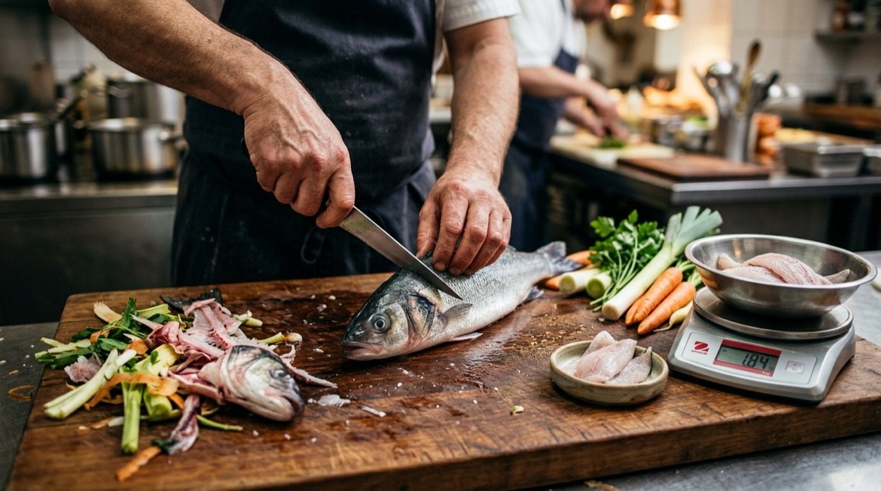 Despiece de pescado y verduras separando porción útil y merma junto a una báscula