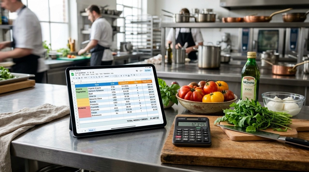 Tablet con una tabla de escandallo de costes sobre la encimera de una cocina profesional