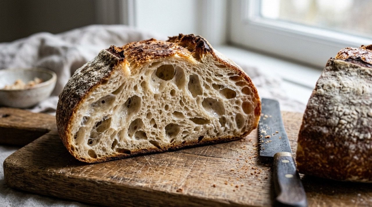 Miga de pan de masa madre con alveolado abierto e irregular