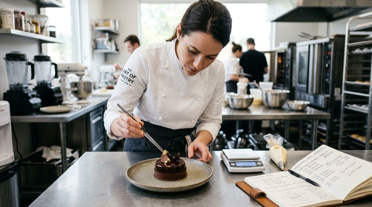 Pastelero consultor emplatando un entremets individual con glaseado espejo junto a una manga, una balanza de precisión y un cuaderno de fórmulas con porcentajes