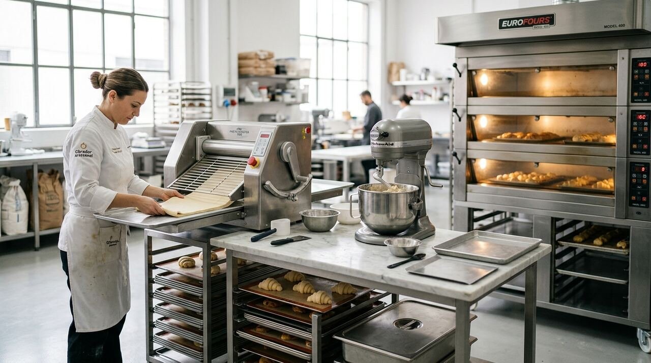 Obrador profesional de pastelería con laminadora, amasadora planetaria, horno de solera y zonas de trabajo organizadas en acero inoxidable