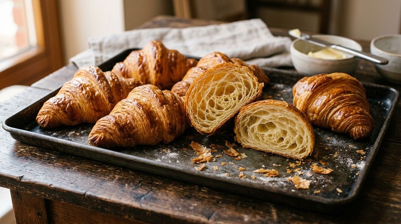 Bandeja de croissants de mantequilla recién horneados con uno cortado mostrando el alveolado del laminado