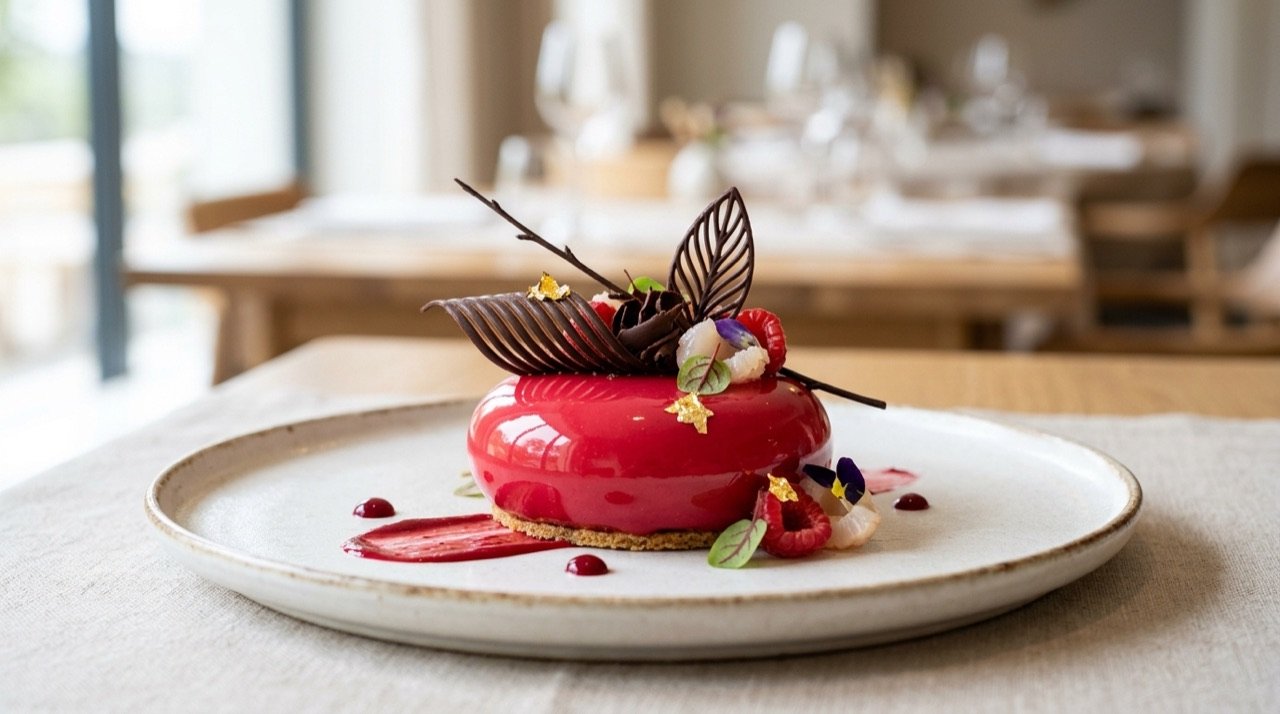 Entremet de pastelería creativa con glaseado espejo de frutos rojos, decoración de chocolate templado y oro comestible