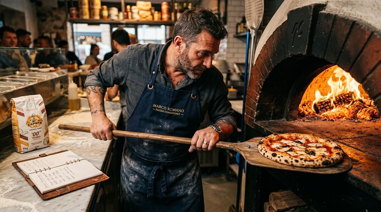 Pizzero consultor introduciendo una pizza napoletana con manchado de leopardo en un horno de leña encendido con la pala de madera, junto a un cuaderno de fórmulas en Baker's percent y un saco de harina 00
