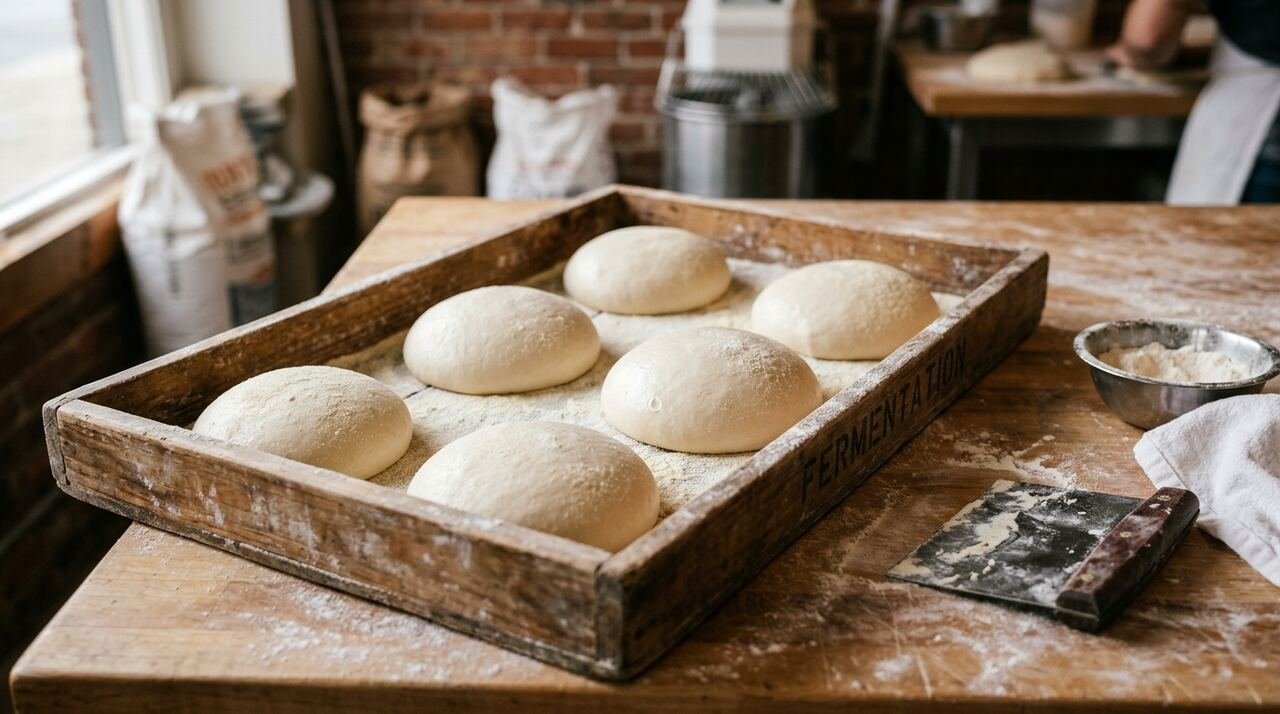 Bolas de masa de pizza (panetti) en bandeja de fermentación enharinada, con superficie lisa de alta hidratación