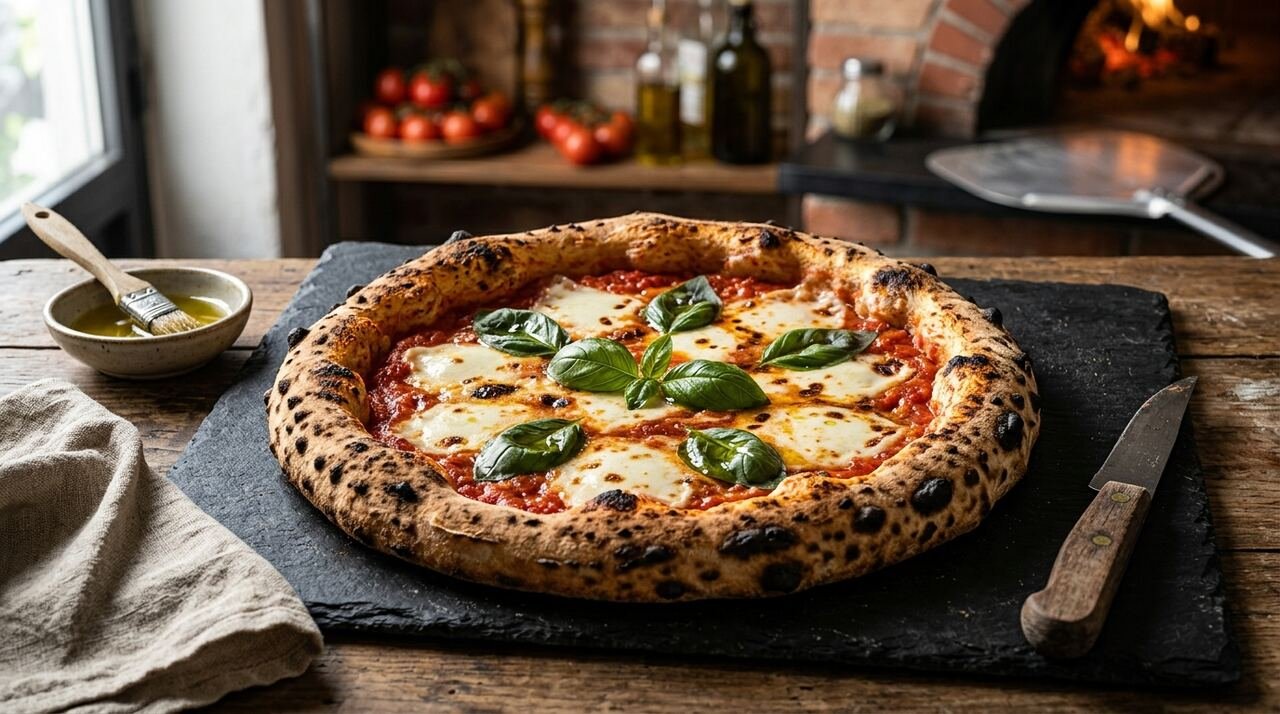 Pizza Margherita napoletana con cornicione aireado y manchado de leopardo, salsa de San Marzano, fior di latte y albahaca fresca