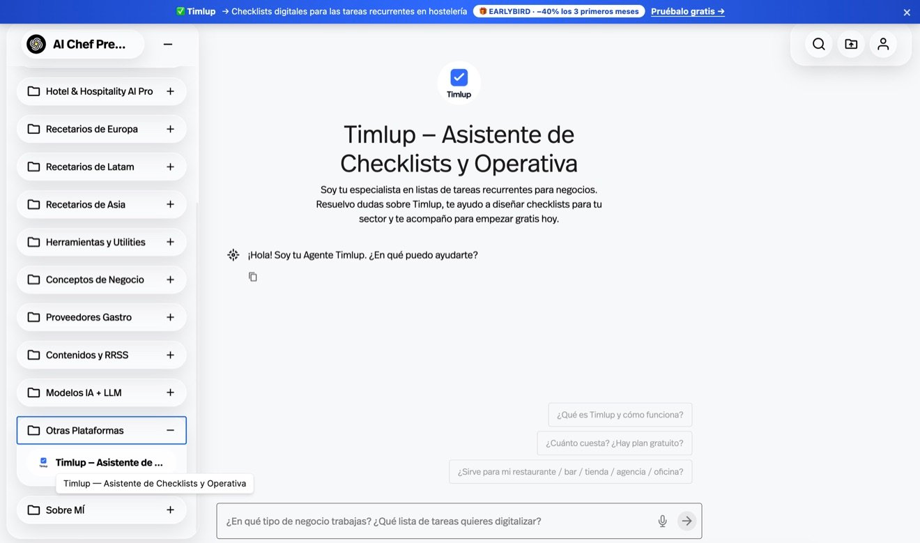 Agente IA de Timlup integrado en el módulo Otras Plataformas de la app de AI Chef Pro