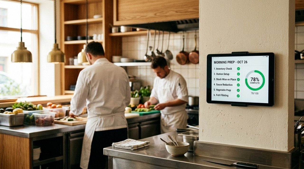 Checklist digital para restaurantes en una tablet de cocina con tareas completadas