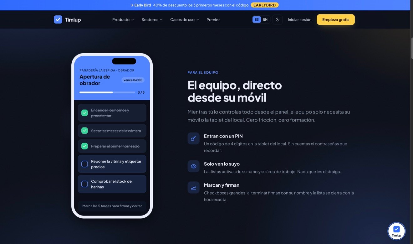 Empleado completando el checklist desde el móvil con PIN y firma digital en Timlup