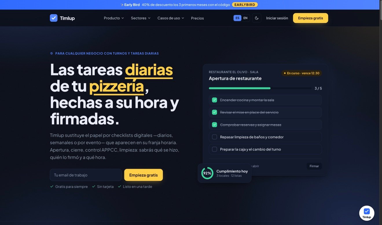 Web de Timlup con checklist digital de tareas diarias firmadas para restaurantes