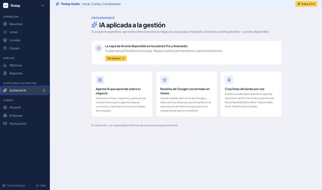 Funciones de IA aplicada a la gestión de Timlup: agente que aprende, reseñas y voz