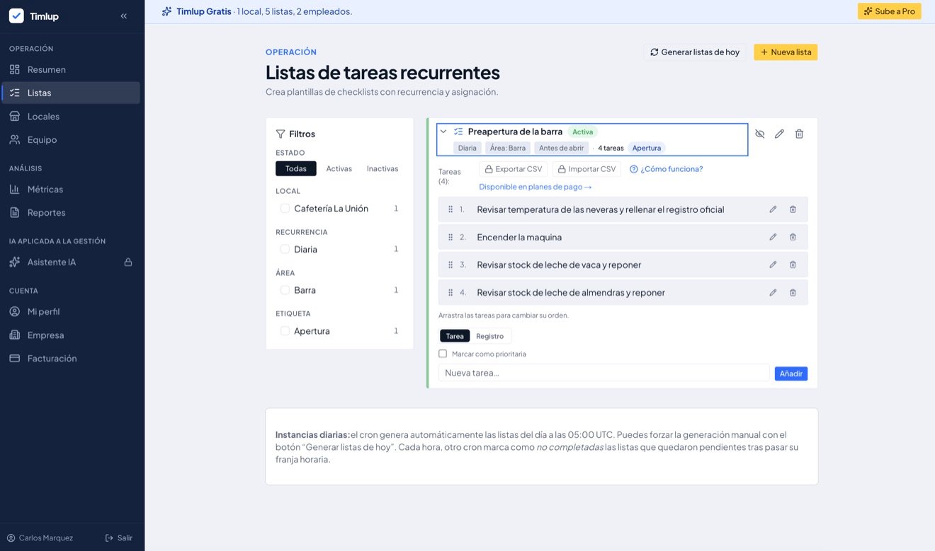Panel de Timlup para crear listas de tareas recurrentes con recurrencia y asignación