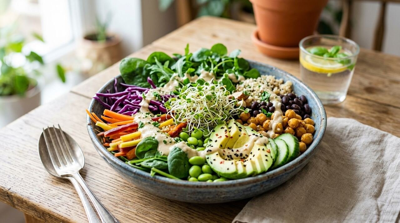 Buddha bowl plant-based colorido con germinados, vegetales crudos, legumbres y aliño cremoso de anacardo