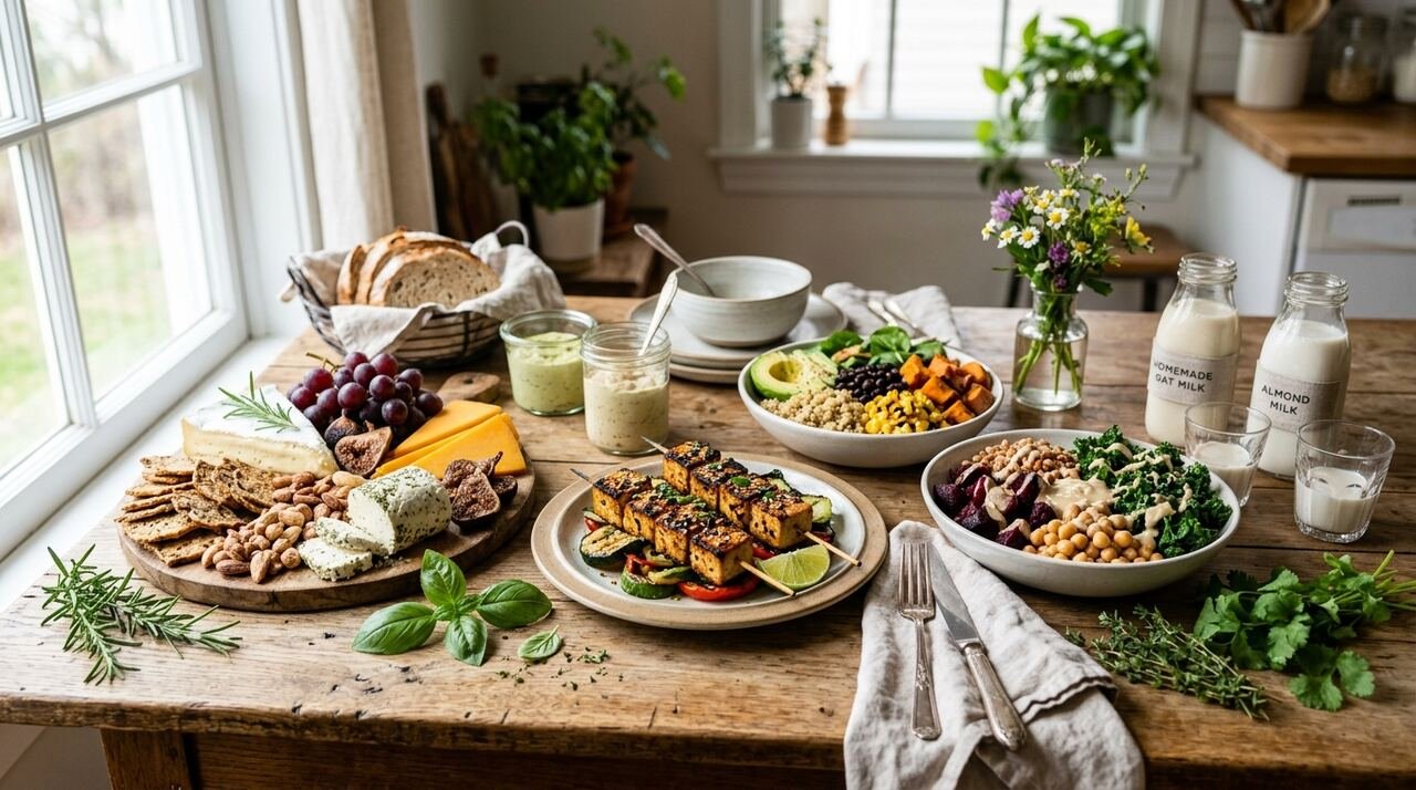 Conjunto de platos plant-based vibrantes: tabla de quesos veganos, brochetas de tofu, bowls de cereales y leches vegetales