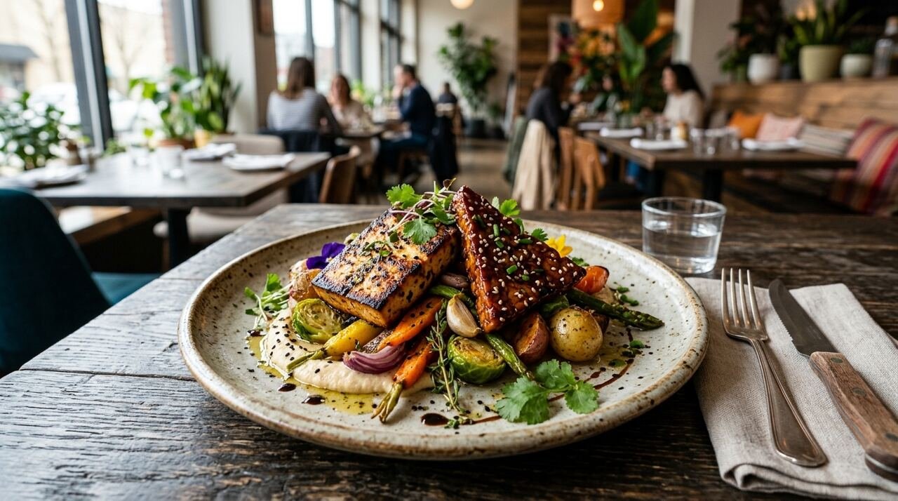 Plato profesional con tofu marcado, tempeh glaseado y seitán laminado sobre vegetales asados en un restaurante plant-based