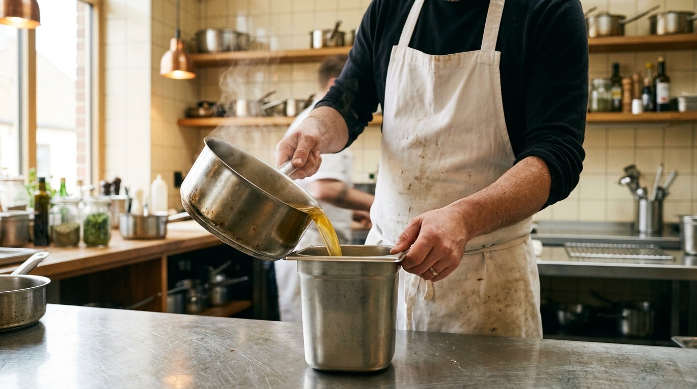 Chef abocando un fondo dorado de un cazo a una cubeta gastronorm, boca a boca, en cocina profesional