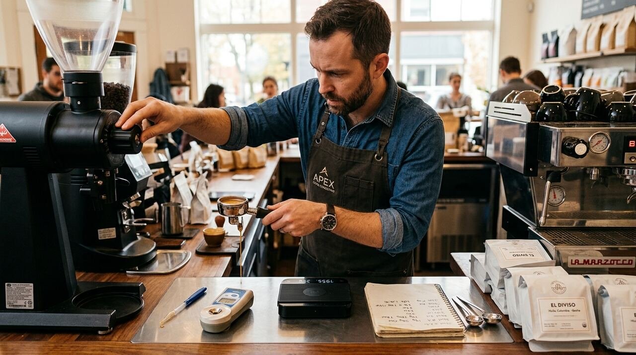 Barista consultor calibrando un espresso en una máquina profesional de dos grupos con báscula de precisión, refractómetro y sacos de café de origen junto a un cuaderno de parámetros de extracción