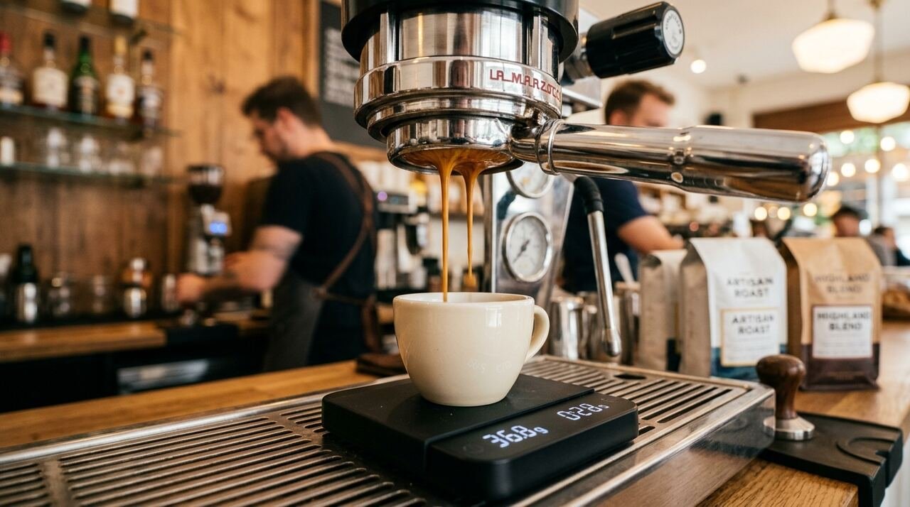 Doble espresso extrayéndose de un portafiltro naked con crema color avellana y báscula de precisión bajo la taza