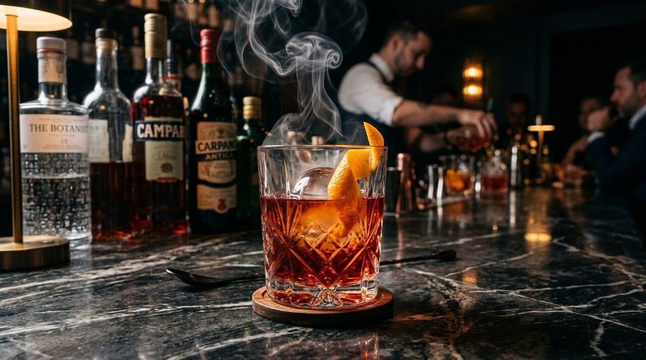 Negroni ahumado de autor en vaso old fashioned con una esfera de hielo transparente, twist de naranja y voluta de humo