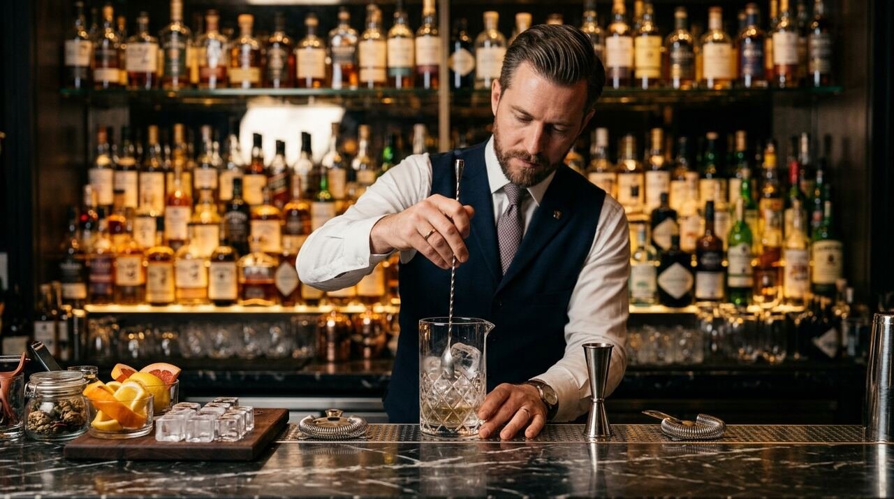 Bartender consultor removiendo un cóctel en un vaso mezclador de cristal detrás de una barra premium, con jigger y strainer sobre el mármol y estanterías de destilados retroiluminadas al fondo
