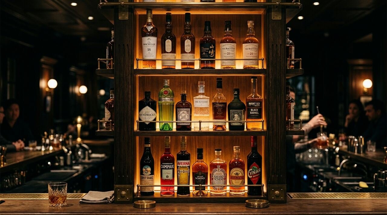 Backbar de coctelería con botellas premium de whisky, gin, ron y amargos retroiluminadas sobre estantería de madera oscura