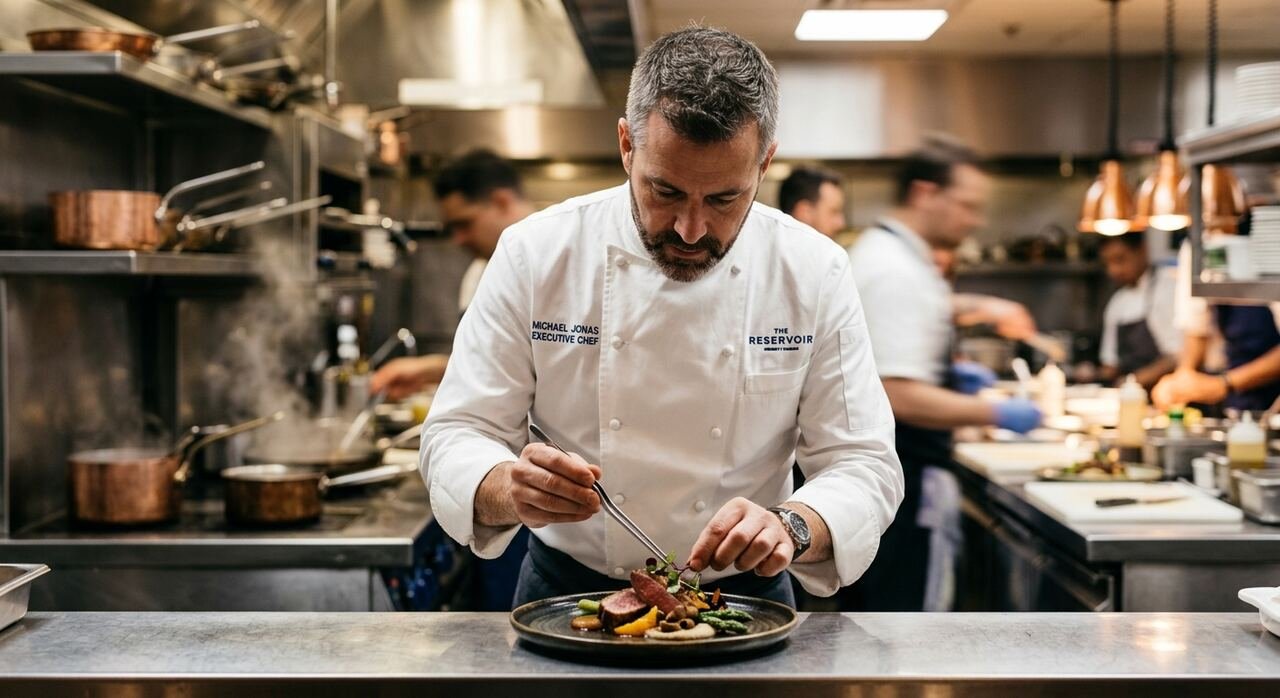 Chef ejecutivo dirigiendo el servicio y emplatando en una cocina profesional de restaurante