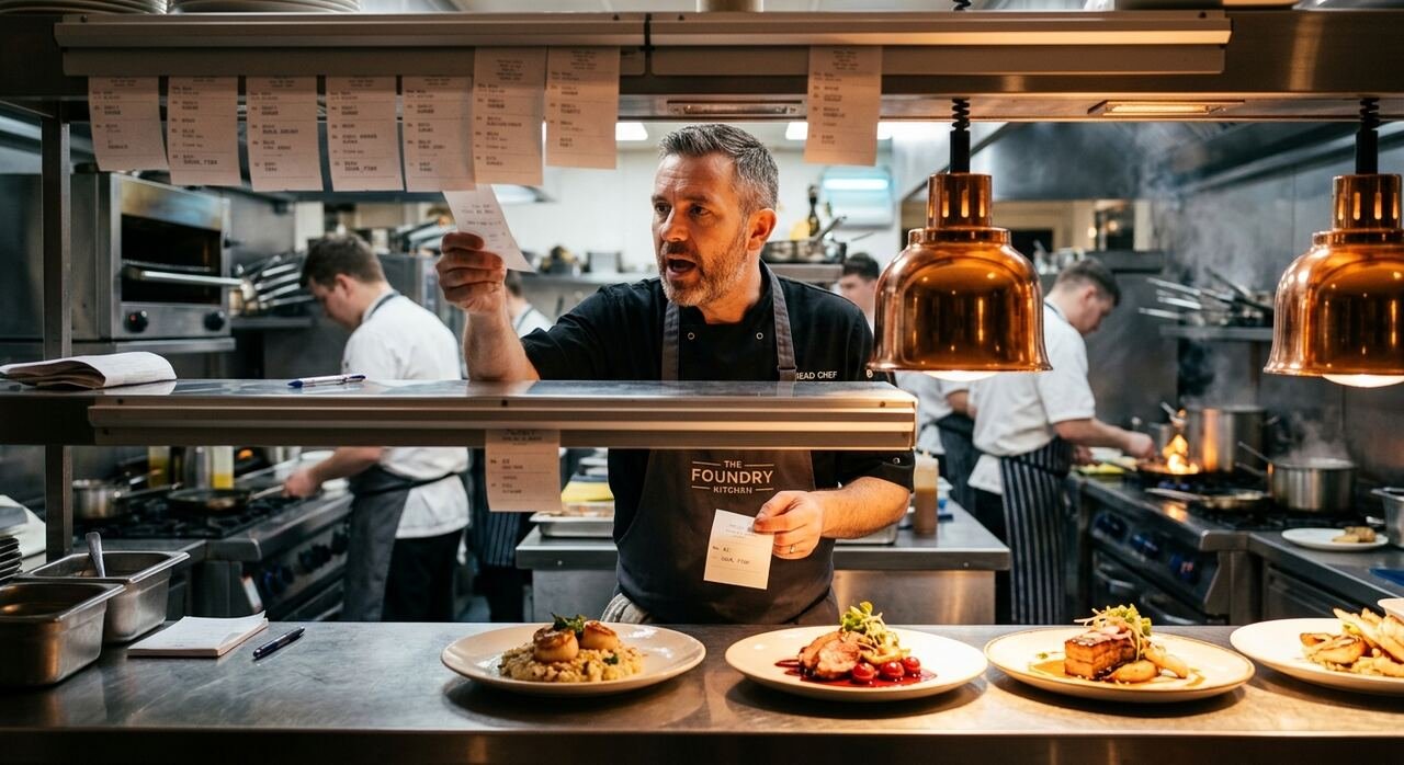Chef ejecutivo dirigiendo el pase durante el servicio, con la brigada emplatando y las comandas en marcha en una cocina profesional