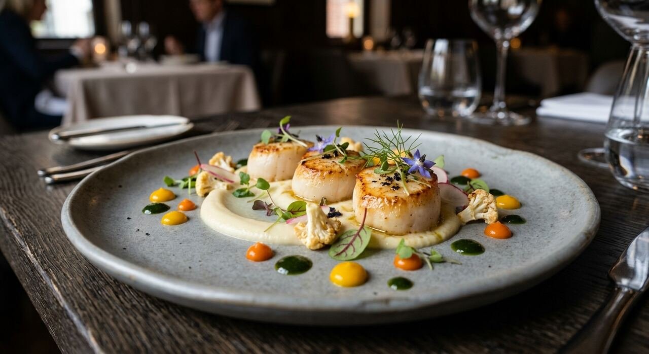 Plato signature de alta cocina con emplatado contemporáneo y artístico, servido en un restaurante gastronómico