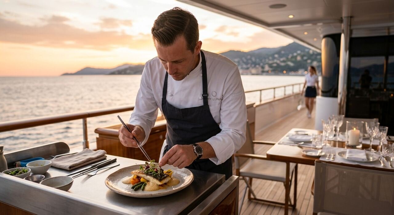 Chef privado emplatando a bordo de un yate, con el mar de fondo y una mesa de cubierta preparada al atardecer
