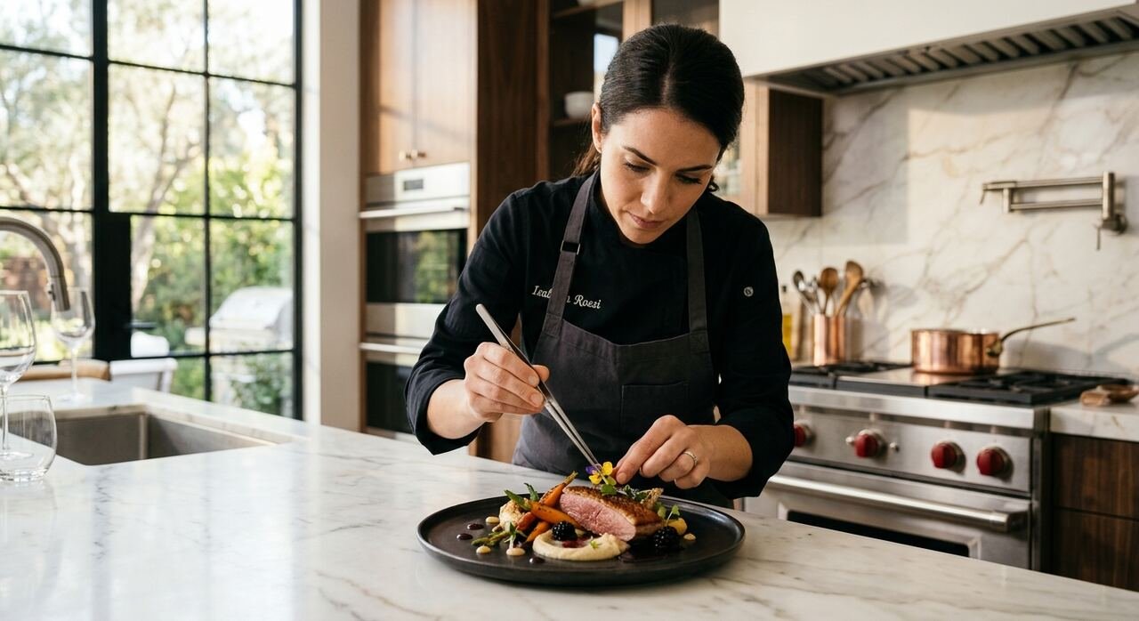 Chef privado emplatando un plato de alta cocina en la cocina de una residencia de lujo