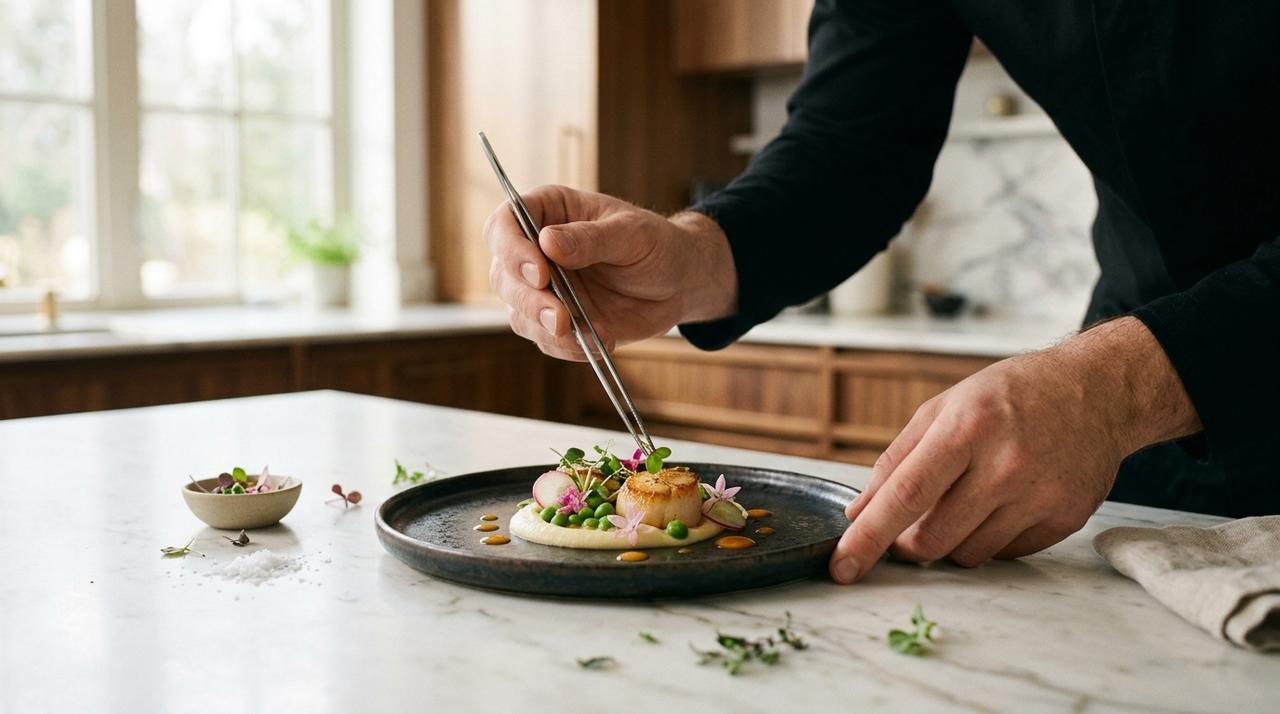 Chef privado emplatando un plato de alta cocina en la cocina de una residencia de lujo