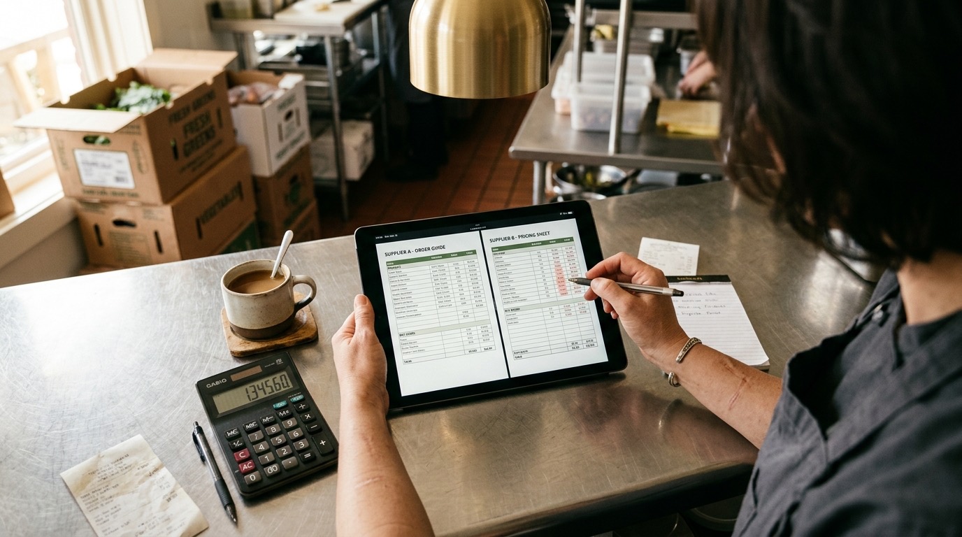 Responsable de compras comparando precios de dos proveedores en una tablet sobre encimera de acero